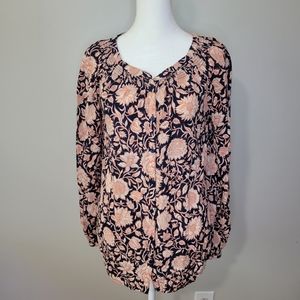 Lucky Brand navy & Orange Floral Peasant Boho Blouse Top - Size Small